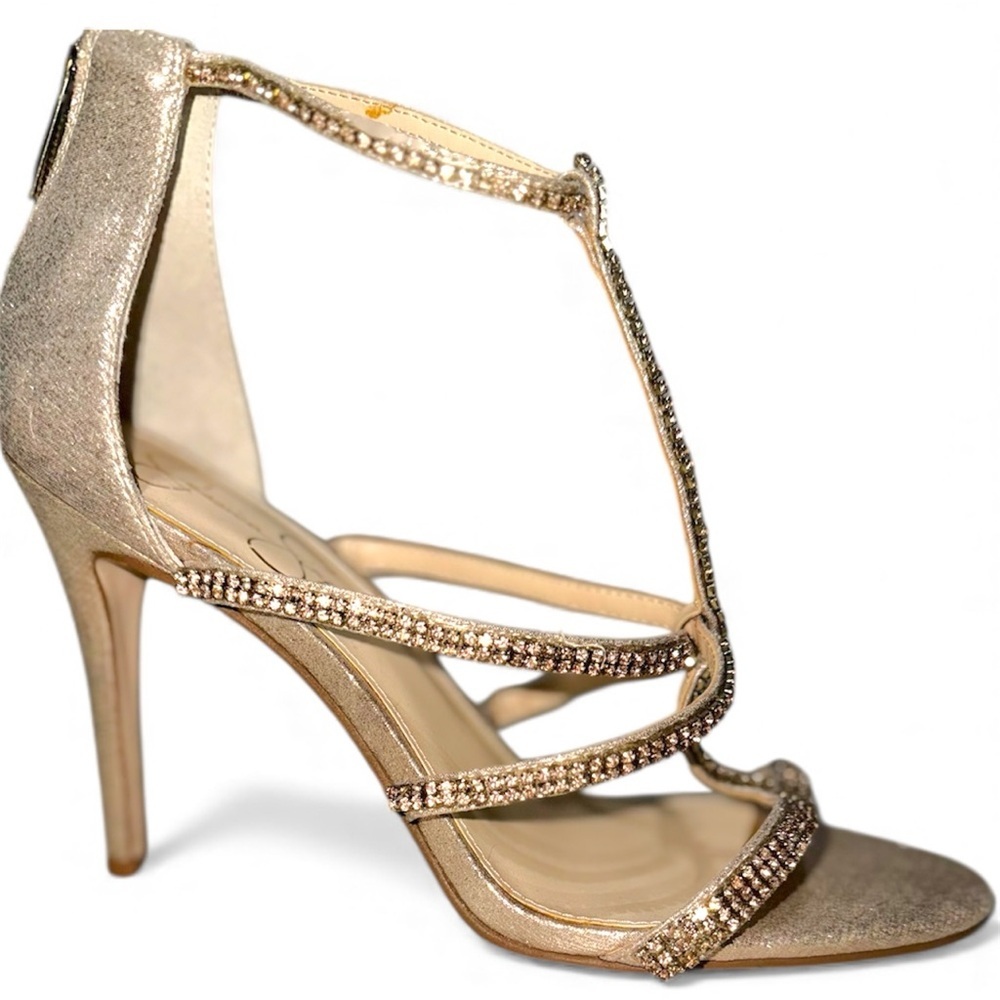 Jessica Simpson Sidra Sandal, champagne, Rhinestone strappy heels Size 9.5